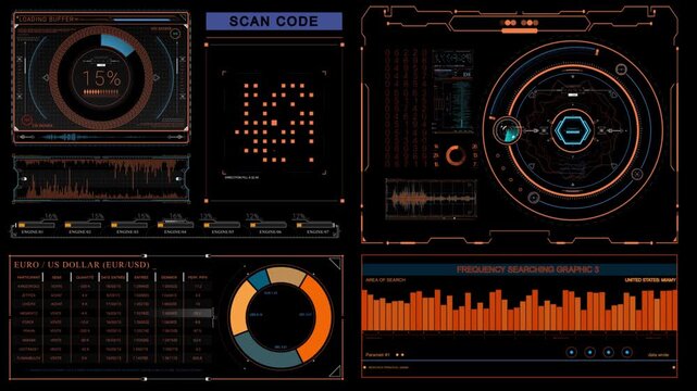 A futuristic heads-up display with a world map and various data visualizations. Ideal for sci-fi interfaces, cybersecurity dashboards, or data analysis tools.
