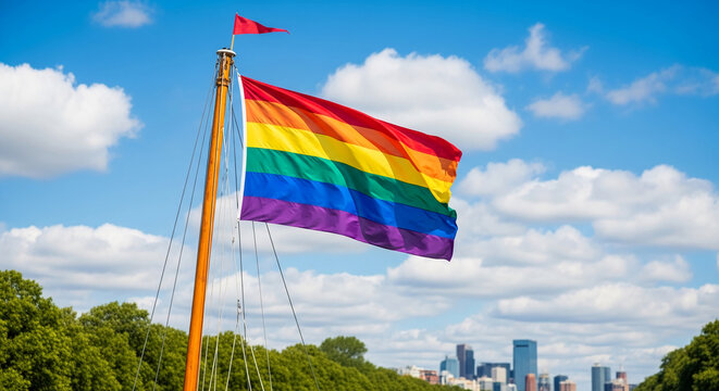 A rainbow flag flutters on a mast against a blue sky with clouds, symbolizing pride and diversity, with a cityscape in the background