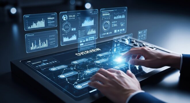 Businessman interacting with futuristic digital interface holographic data charts, for advanced business analytics, strategic planning, global connectivity corporate success