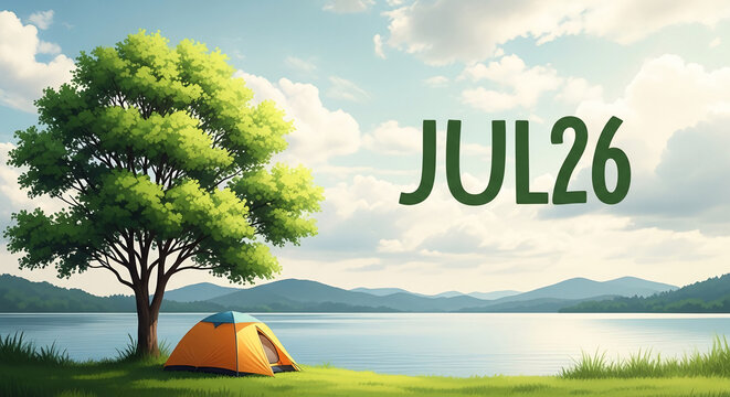 A serene lakeside scene with a vibrant orange tent under a lush green tree, representing summer camping and outdoor adventure, with "JUL 26" displayed.