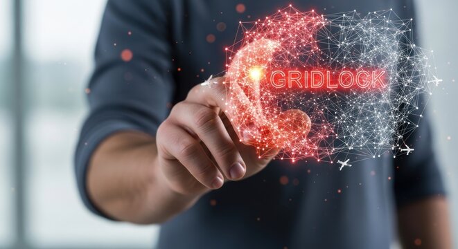 Businessman touching digital holographic globe with word gridlock, for systemic failure, operational bottlenecks, complex logistical challenges global infrastructure issues