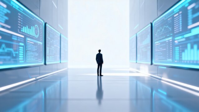 Person in futuristic corridor with data screens