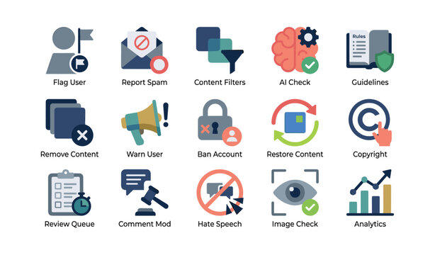 Content moderation icons showing actions and tools in grid