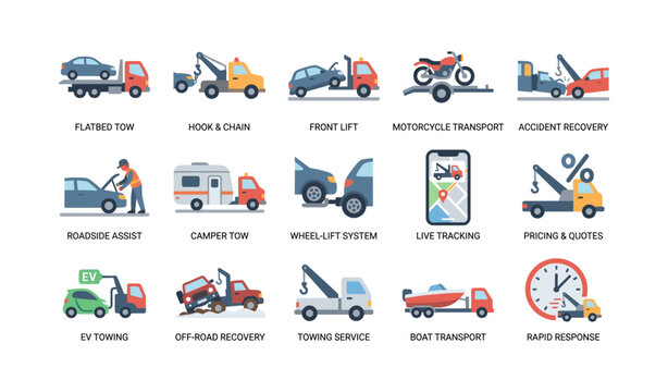 Towing icons showing vehicle recovery and transport on white