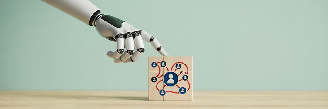 Robotic hand assembling human chain concept with connected people icons representing teamwork and collaboration