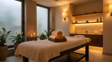 Fototapeta premium Soft beige towels sit on a professional massage table inside a serene and calming wellness therapy room