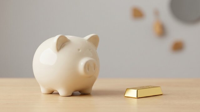 Piggy bank paired with a gold bar in a clean minimal scene, symbolizing secure investment, wealth protection, and financial stability with a premium modern visual style.