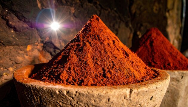 A pyramid of deep red ochre pigment powder, intensely colored and finely ground, presented artistically.