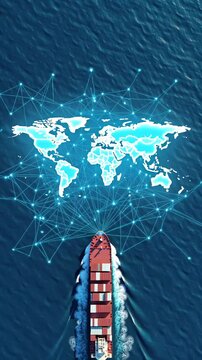 A cargo ship sails in the ocean, a world map