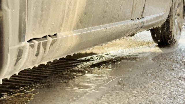 Thick, white soap bubbles slowly drip down the side of a car onto the wet pavement. This sparkling scene evokes a satisfying feeling of renewal and refreshing cleanliness.