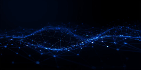 Abstract Futuristic Blue Network Wave with Luminous Nodes and Digital Connections on Dark Background, Technology, Data Transfer, Blockchain Networks, and Modern Cyberspace Systems © Vactor Viky