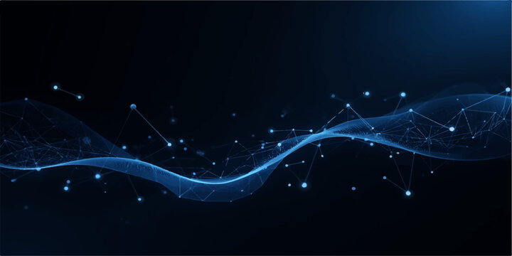 Futuristic blue digital network background with glowing nodes, dynamic wave lines, and data flow on dark surface, cyber technology, and global communication system