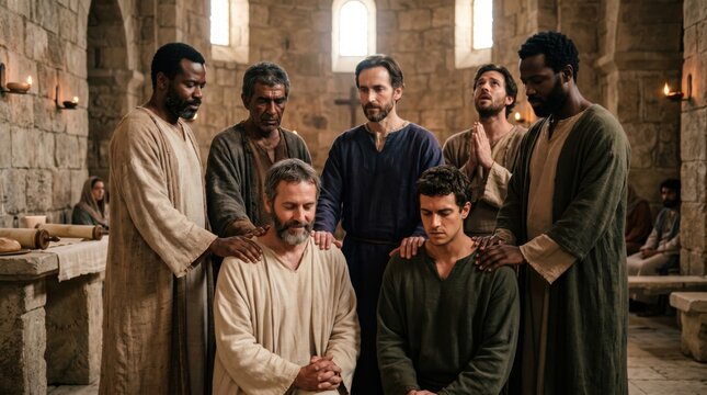 Group of men laying hands on and commissioning two men in a stone church representing the biblical call of Barnabas and Saul as told in the Acts of the Apostles for religious faith.