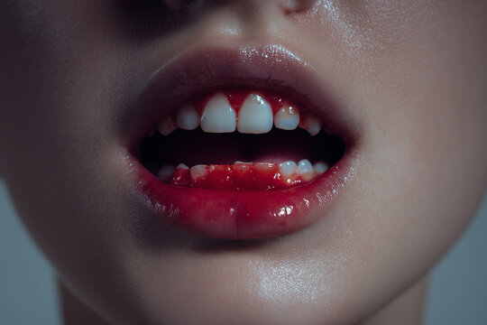 Lips and Blood: Intense close-up captures a pair of lips in raw, vulnerable beauty, blood and a compelling statement. The image evokes a range of emotions, from the visual impact.