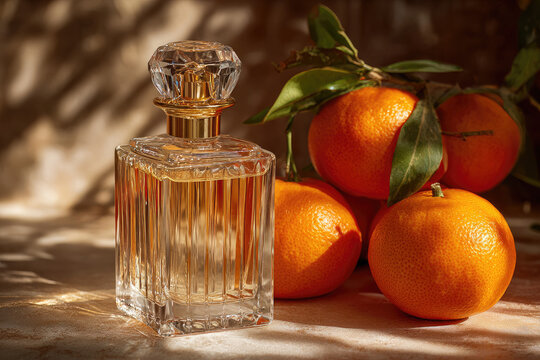 A chic bottle with a crystal cap with eau de parfum or perfume stands among ripe tangerines. feminine and masculine essence. Product Presentation. 