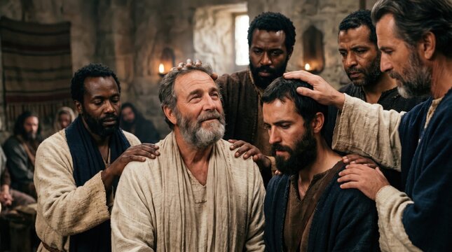 Group of men laying hands on Barnabas and Saul to pray for divine commissioning. Biblical scene depicting church leaders praying for mission based on acts of apostles in ancient history.