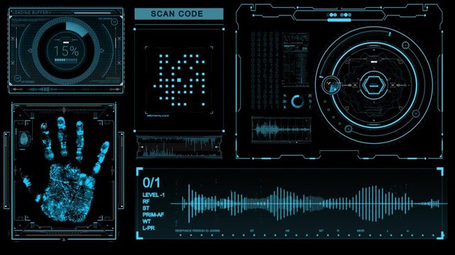 digital biometric hand scan on neon blue hud interface futuristic cybersecurity identity verification access control and technology concept art
