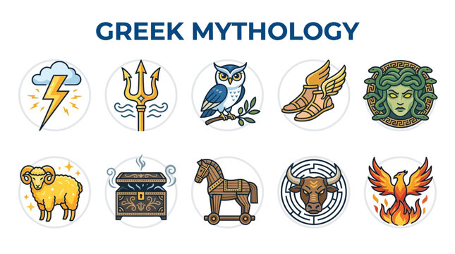Collection of Greek Mythology Icons and Symbols.