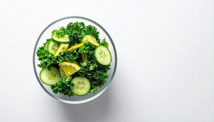 Fototapeta premium Fresh green kale and cucumber salad with lemon wedges in a clear glass bowl on a white background, top view.