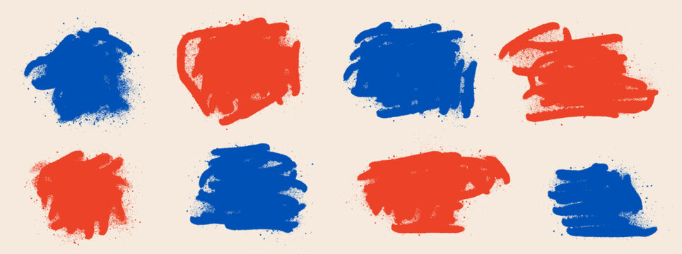 Red and blue graffiti texture stains with spray on pastel background. Urban graffiti splash for gaming and social media poster. Distressed vector texture frames with bold ink splotch set.