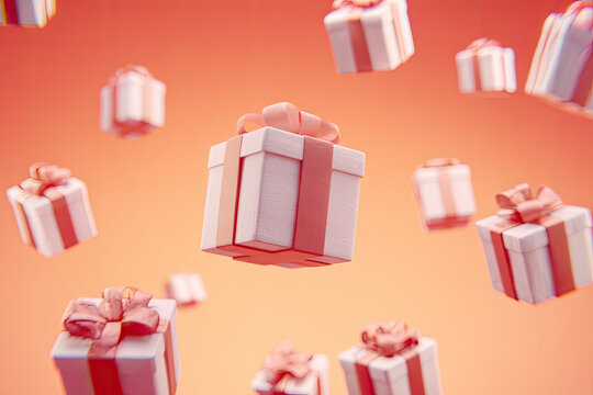 Gift boxes flying in air on coral gradient background 
