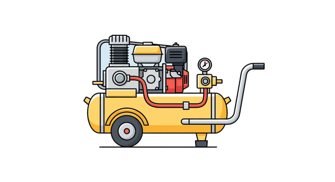 Yellow air compressor with hose and gauge, industrial equipment