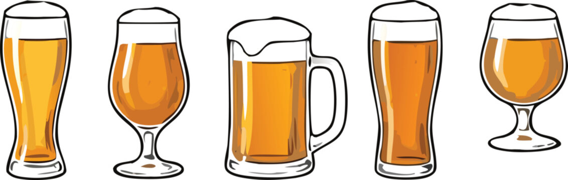 Beer glasses set with lager, ale and pint mugs, hand drawn alcoholic drink vector illustration collection