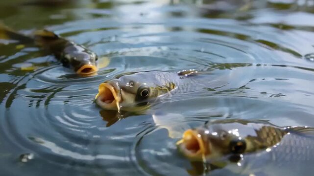 Surfacing three carp vying for food at pond surface, creating concentric ripples and reflections