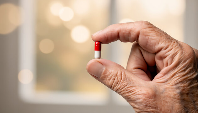 Extreme close up of an elderly hand holding a single red and white capsule pill against a blurred bokeh background representing senior healthcare pharmacy and medical treatment