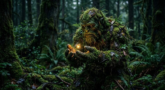 Moss monster holding glowing firefly in dim forest clearing