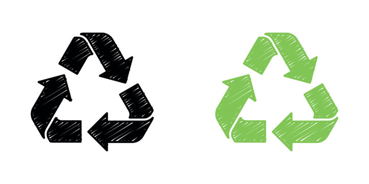Black and green hand-drawn recycle icons featuring a sketchy texture. Isolated. Transparent background. Simple symbol vector illustration.