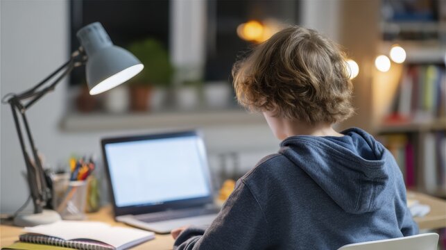 Teen focused on online learning with laptop at home desk during evening study session
