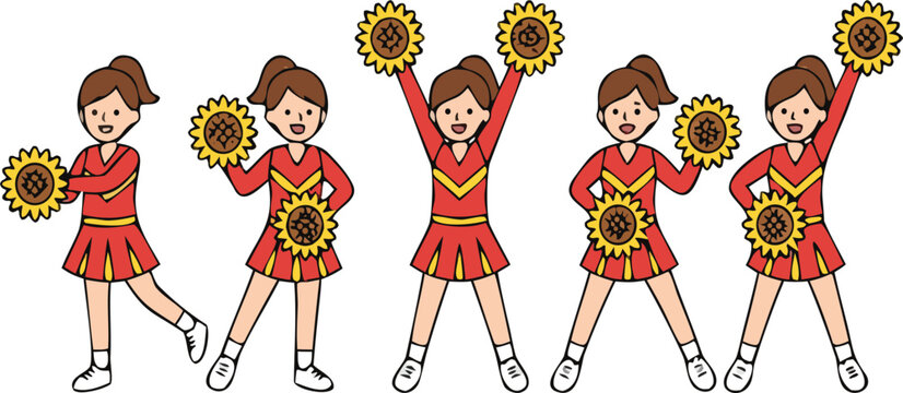 Cheerleader girl with sunflower pom poms set, cute cartoon cheerleading poses vector illustration collection