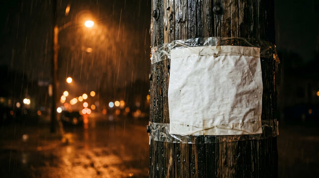 Cinematic night shot of wet wooden pole with blank sign during heavy rain, blurred city lights