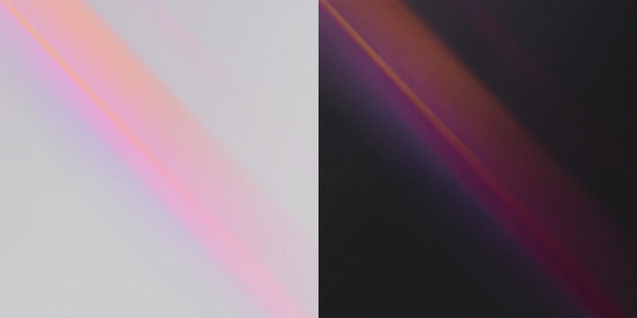 Realistic pink and purple diagonal light leaks set, atmospheric glowing lens flare streaks and soft prism rays on contrast backgrounds