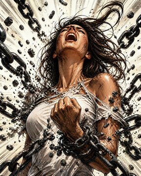 Powerful artwork of person breaking free from heavy chains with dynamic background emphasizing liberation