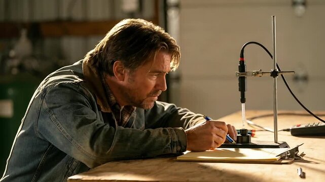 Leaning forward man wearing denim adjusting probe at workshop bench, noting test data on clipboard