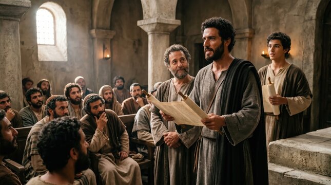 Apostle Paul preaching in the synagogue of Antioch of Pisidia. Bible scripture scene showing men listening to sermon. Religious history, faith, ancient tradition and spiritual teaching.