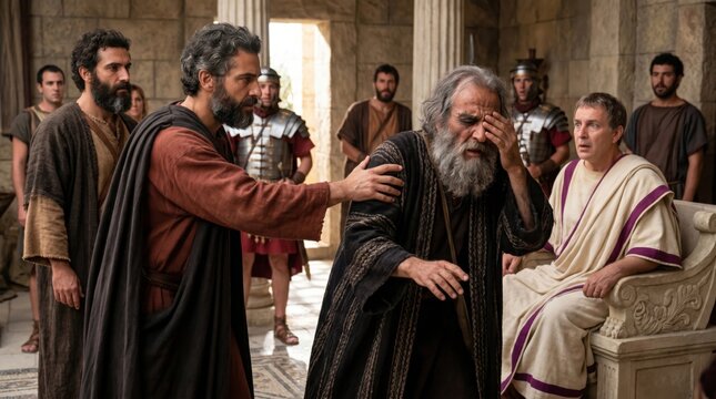 Apostle Paul making the sorcerer Elymas blind during a meeting with the proconsul Sergius Paulus. Biblical scene from the Acts of the Apostles showing divine judgment in ancient Rome.
