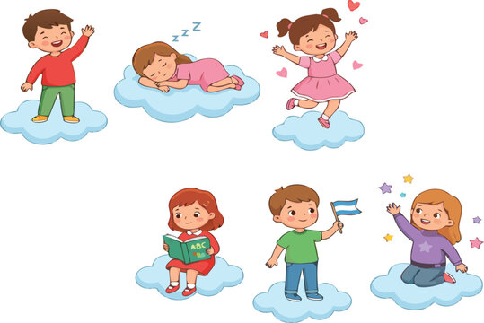 Cute kids on clouds set with sleeping, reading, playing and happy children cartoon vector illustration collection