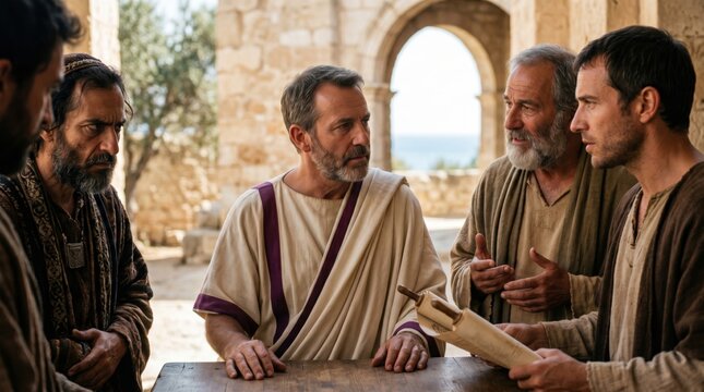 Apostle Paul preaching with Barnabas to Proconsul Sergius Paulus in Paphos. biblical scene depicting men debating scripture in ancient stone temple. Historical religious reenactment.