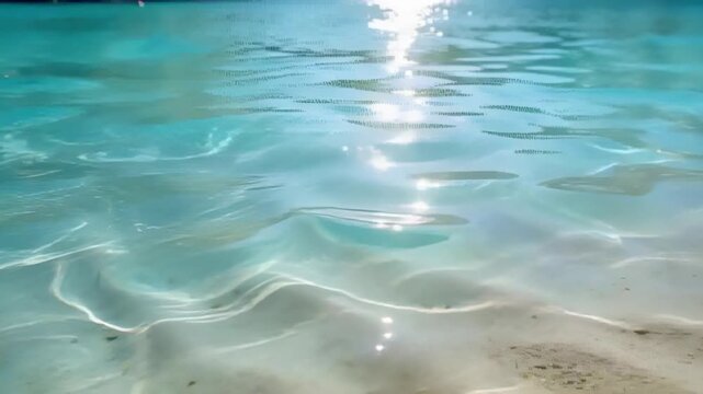 Glinting sunlight column causing clear shallow lagoon water showing moving light patterns on sand
