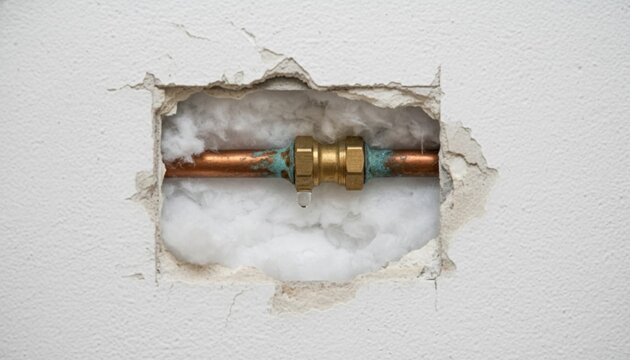 Opened drywall cavity exposing copper pipe with clamp and dripping moisture indicating leak detection and water damage., Residential Repair & Inspection
