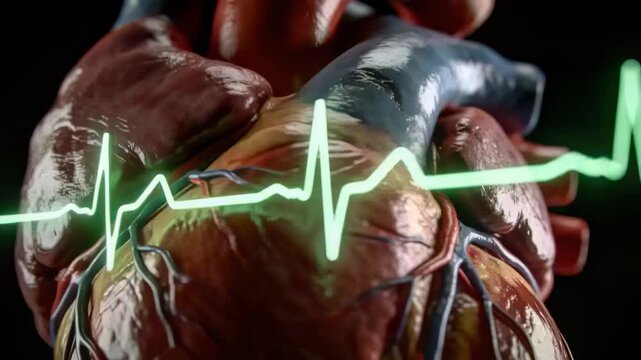 Showing anatomic heart model pulsing in dark studio, green ECG waveform entering left for teaching