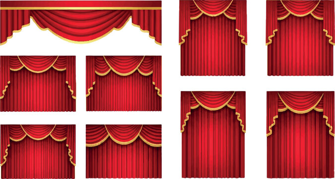 Selection of ornate red velvet stage curtains with golden fringe and elegant valance styles isolated on white background for professional theatre production and event design vector illustration