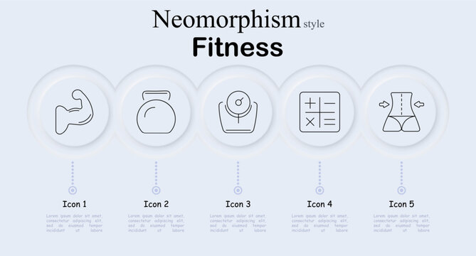 Fitness set icon. Neomorphic circular interface line icons with flexed arm muscle, kettlebell weight, body scale dial, workout checklist plan, waist slimming arrows