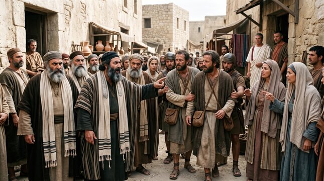 Crowd of ancient people confronting apostle in city street. Religious conflict and persecution scene from biblical times. Historical reenactment of disagreement between men and women.