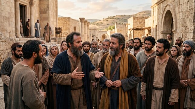 Apostle Paul and Barnabas preaching to group of Jewish people in ancient city. Religious scene depicting biblical conflict. Ancient historical town street, narrative from Acts of Bible.