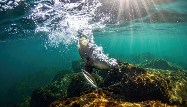 A playful seal pup chases a shimmering fish underwater amidst sunlit ocean currents and rocky terrain.