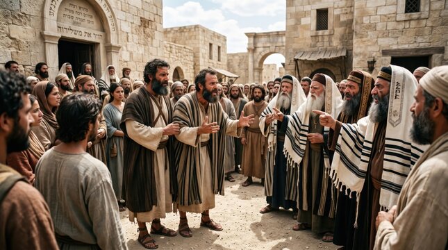 Apostle Paul and Barnabas debating with religious leaders in ancient city. Confrontation between early Christians and Pharisees. Scene from Biblical history, Acts of the Apostles.